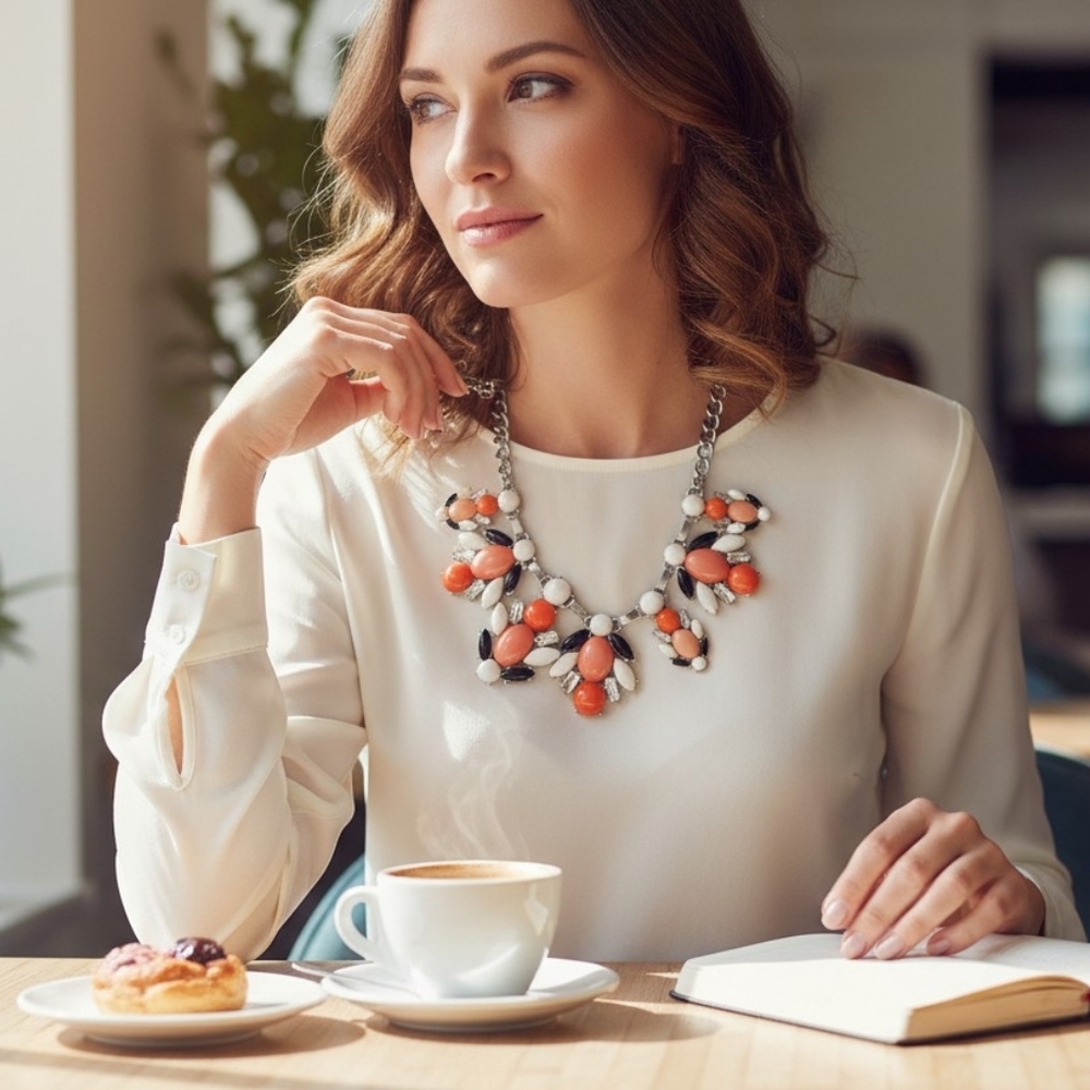 Chunky Silver Toned Orange & White Statement Necklace Vintage Preppy Classic
